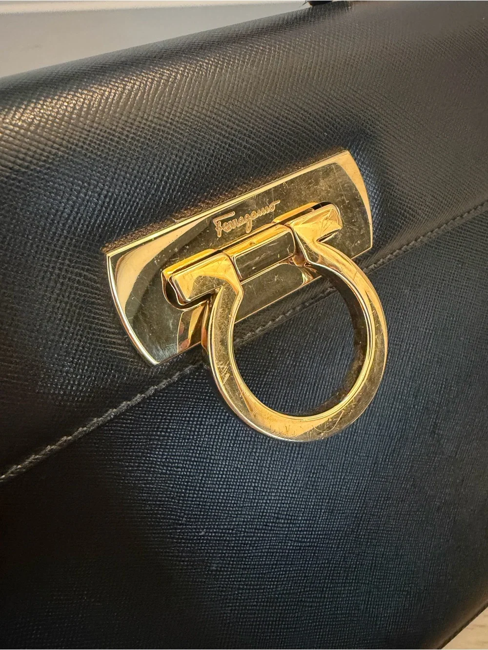 Vintage Salvatore Ferragamo Black Top-Handle Bag with Gold Gancini Closure